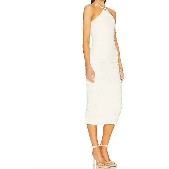 Likely CARMONA DRESS Bodycon Ruched Stretch Crepe Midi | Ivory, Sz 8 NEW - Picture 2 of 9